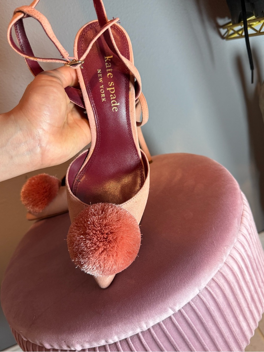 kate spade Coral Pink Suede Pom-Pom Ankle-Strap Heels size 6 - Picture 7 of 9